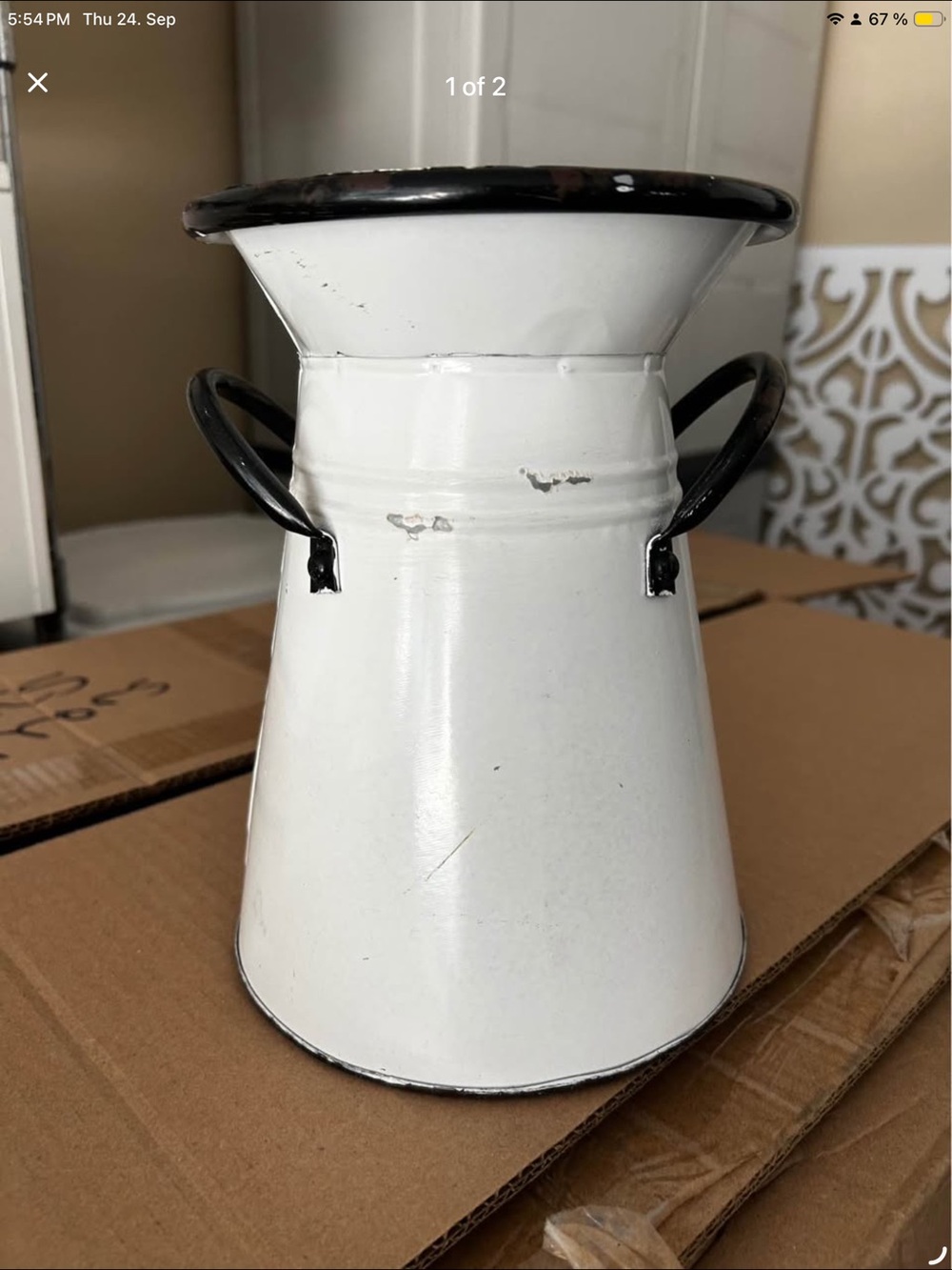White enamel Decorative Pitcher Vase with Black Trim - Unbranded. 9” High